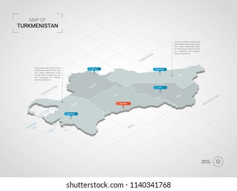 Isometric 3D Rwanda map. Stylized vector map illustration with cities, borders, capital Kigali , administrative divisions and pointer marks; gradient background with grid. 