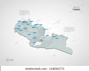 Isometric 3D Rwanda map. Stylized vector map illustration with cities, borders, capital Kigali , administrative divisions and pointer marks; gradient background with grid. 