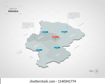 Isometric 3D Rwanda map. Stylized vector map illustration with cities, borders, capital Kigali , administrative divisions and pointer marks; gradient background with grid. 