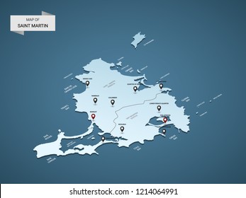 Isometric 3D Saint Martin map,  vector illustration with cities, borders, capital, administrative divisions and pointer marks; gradient blue background.  Concept for infographic.