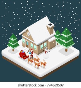 Isometric 3d Santa claus bring a gift to house by his six reindeers and sleigh in Christmas theme, Illustration flat vector design.