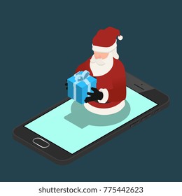 Isometric 3d Santa claus bring a gift by on a black mobile phone in Christmas theme, Illustration flat vector design.