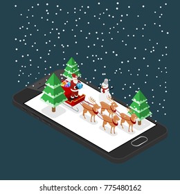 Isometric 3d Santa claus bring a gift by his six reindeers and sleigh on a black mobile phone in Christmas theme, Illustration flat vector design.