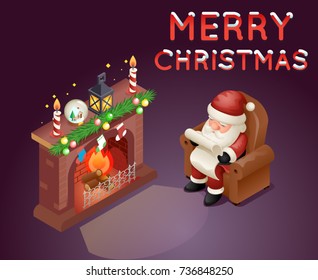 Isometric 3d Santa Claus Read Gift List Sit Armchair Character Icon Holiday Fireplace Background Cartoon Greeting Card Template Poster Vector illustration