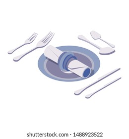 Isometric 3d scene with beautiful cutlery collection good for celebrating and tabe settings at cafe, restaurant and hotel. Blue and grey dishes isolated on white