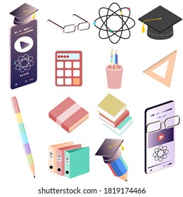 Isometric 3d school education set icons vector illustration. Glasses, atom, graduation cap, calculator, pencil, book, smartphone, ruler icon. Learning icons set.