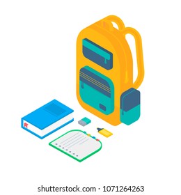 Isometric 3d school supplies set with book, notebook, pen, backpack,  eraser, highlighter. Vector Back to school background with stationery. Office accessories. 