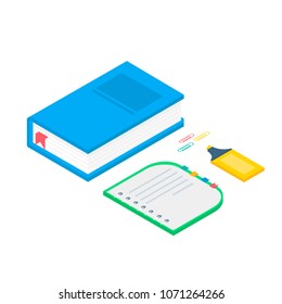 Isometric 3d school supplies set with  book, notebook, pen, highlighter. Vector Back to school background with stationery. Office accessories. 