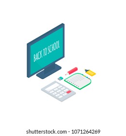 Isometric 3d school supplies set with computer, calculator,notebook, pen,  eraser, highlighter. Vector Back to school background with stationery. Office accessories. 