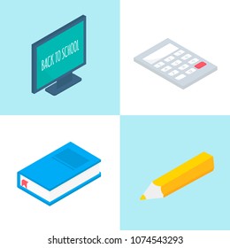 Isometric 3d school supplies set with compuler, calculator, book, notebook, pen.  Vector Back to school background with stationery. Office accessories.