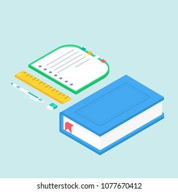 Isometric 3d school supplies set with  book, notebook, pen, eraser and ruler. Vector Back to school background with stationery. Office accessories.
