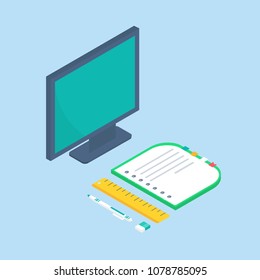 Isometric 3d school supplies set with computer,  notebook, pen, eraser and ruler. Vector Back to school background with stationery. Office accessories.