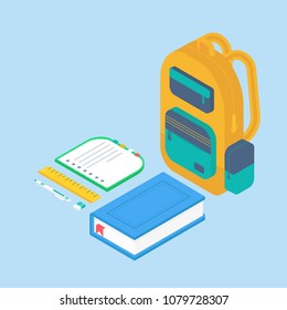 Isometric 3d school supplies set with book, notebook, pen, backpack,  eraser and ruler. Vector Back to school background with stationery. Office accessories.