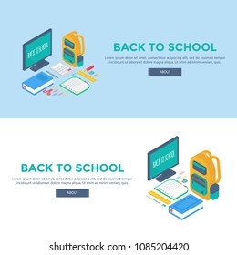 Isometric 3d school supplies set with screen, backpack,  pen, eraser, book, notebook and ruler. Vector Back to school Sale background with stationery. Office accessories. 