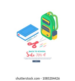 Isometric 3d school supplies set with screen, backpack,  pen, eraser, book, notebook and ruler. Vector Back to school Sale background with stationery. Office accessories. 