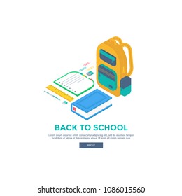 Isometric 3d school supplies set with screen, backpack,  pen, eraser, book, notebook and ruler. Vector Back to school Sale background with stationery. Office accessories. 