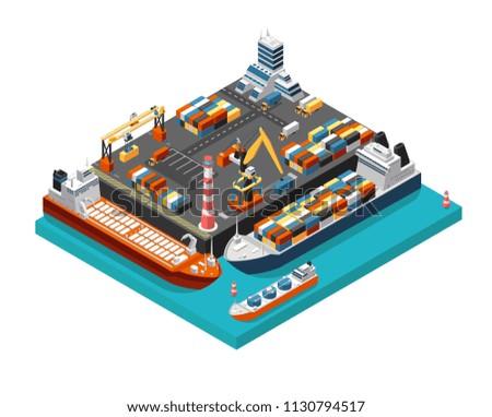 Isometric 3d seaport terminal with cargo ships, cranes and containers in harbor aerial view. Shipping industry vector concept. Transport terminal ship for unloading, export and storage illustration