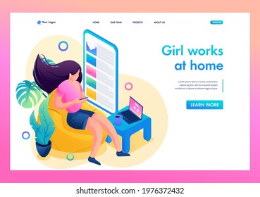 Isometric 3D. Self-Isolation, Young Girl Parses Letters In The Mail, Remote Work. Concept For Landing Page