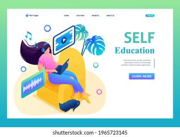 Isometric 3D. Self-Study, a Girl Studies Online, Listens To a Lecture On a Tablet. Concept For Landing Page