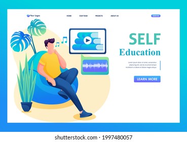 Isometric 3D. Self-Study, a Man Learns Online Courses. Concept Of Landing Page
