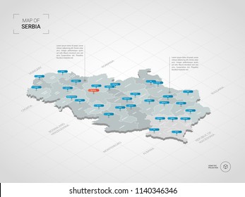 Isometric  3D Serbia map. Stylized vector map illustration with cities, borders, capital Belgrade , administrative divisions and pointer marks; gradient background with grid. 