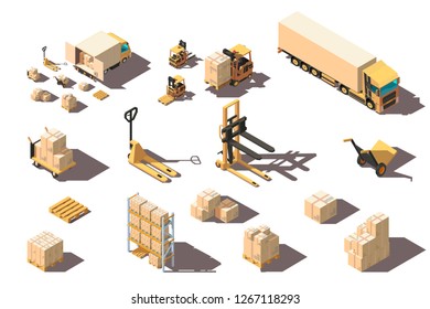 Isometric 3d set big and small shipment truck with forklift and box for delivery moving. Concept freight transport, vehicle. Low poly. Vector illustration.