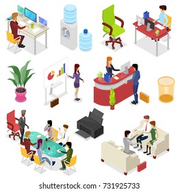 Isometric 3D set corporate office life. Teamwork and idea generation, business presentation, company reception stand, manager in office, business meeting with clients conceptual vector illustration.