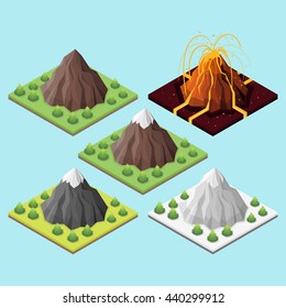 Isometric 3d Set Of Mountains And Volcano.