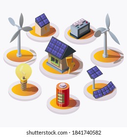 Isometric 3d set of natural alternative eco renewable green energy sources and smart home. Electric power icons. Solar panel, light bulb, windmill, battery, power generator and sign of voltage.