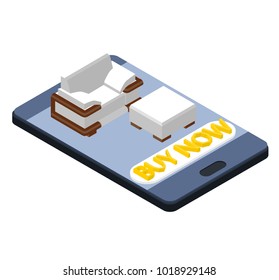 isometric 3d. Set for online shopping. Smartphone with sofa and armchair on a white background