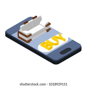 isometric 3d. Set for online shopping. Smartphone with sofa and armchair on a white background