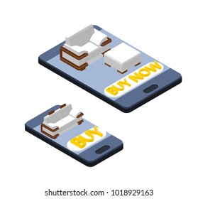 isometric 3d. Set for online shopping. Smartphone with sofa and armchair on a white background