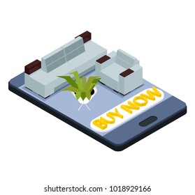 isometric 3d. Set for online shopping. Smartphone with sofa and armchair on a white background