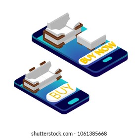 isometric 3d. Set for online shopping. Smartphone with sofa and armchair on a white background