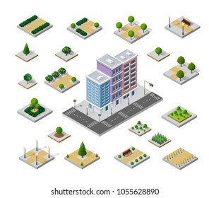 Isometric 3D set park with trees of a three-dimensional city