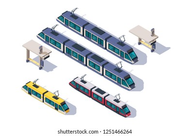 Isometric 3d set passenger tram with station elements. Concept collection public vehicle with tram rails. Low poly. Vector illustration.