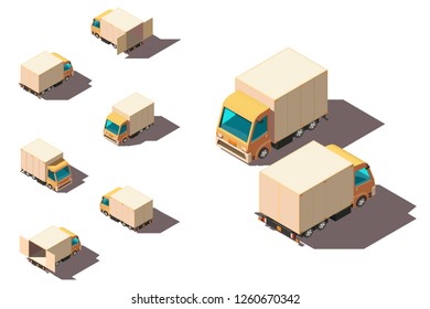 Isometric 3d Set Small Shipment Truck For Delivery Moving. Concept Freight Transport, Vehicle. Low Poly. Vector Illustration.