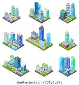 Isometric 3D set summer city quarters. Skyscrapers, apartment, office, houses and streets with urban traffic movement of car with trees and nature objects. Low poly buildings vector illustration.
