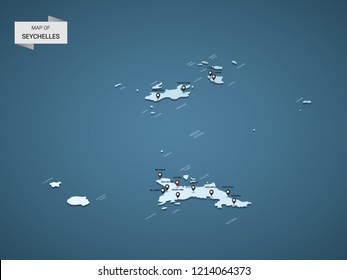 Isometric 3D Seychelles map,  vector illustration with cities, borders, capital, administrative divisions and pointer marks; gradient blue background.  Concept for infographic.
