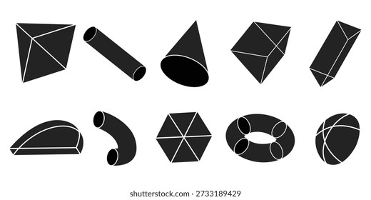 Isometrische 3D-Formen. Schwarze geometrische Körper. Mathematische Zahlen. Wissenschaftliche Visualisierungsgrafiken.