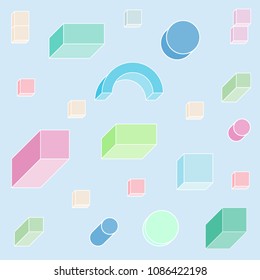Isometric 3d shapes pattern in bright pastel colors and white outline.
