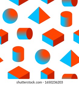 Isometric 3D shapes seamless pattern. Repetitive vector illustration of isometric basic red blue 3D shapes on transparent background. EPS 10.