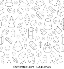 Isometric 3d shapes seamless pattern. Geometric math wireframe objects. Pyramid, prism and sphere, cone and cube. Vector school texture. Geometry education with outlined forms and objects