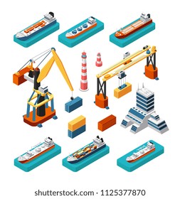 Isometric 3d ships, cranes, sea port building, lighthouse and shipping containers vector marine logistic set isolated. Sea crane and industry building illustration