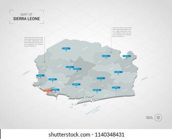 Isometric  3D Sierra Leone
 map. Stylized vector map illustration with cities, borders, capital Freetown , administrative divisions and pointer marks; gradient background with grid. 