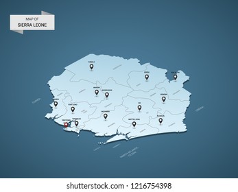 Isometric 3D Sierra Leone map,  vector illustration with cities, borders, capital, administrative divisions and pointer marks; gradient blue background.  Concept for infographic.