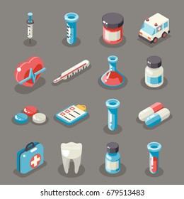 Isometric 3d Sign Health Medical Hospital Ambulance Healthcare Doctor Flat Symbol Collection Icons Set Vector Illustration