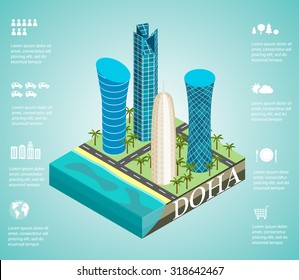 Isometric 3d skyscrapers in the skyline of the center of Doha, the capital of the Arabian Gulf state Qatar, vector illustration. Infographics  with icons set