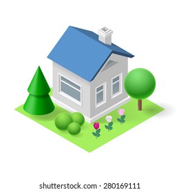 Isometric 3d small home  with flowers and trees