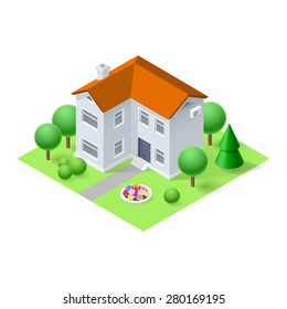 Isometric 3d small home with green grass and trees